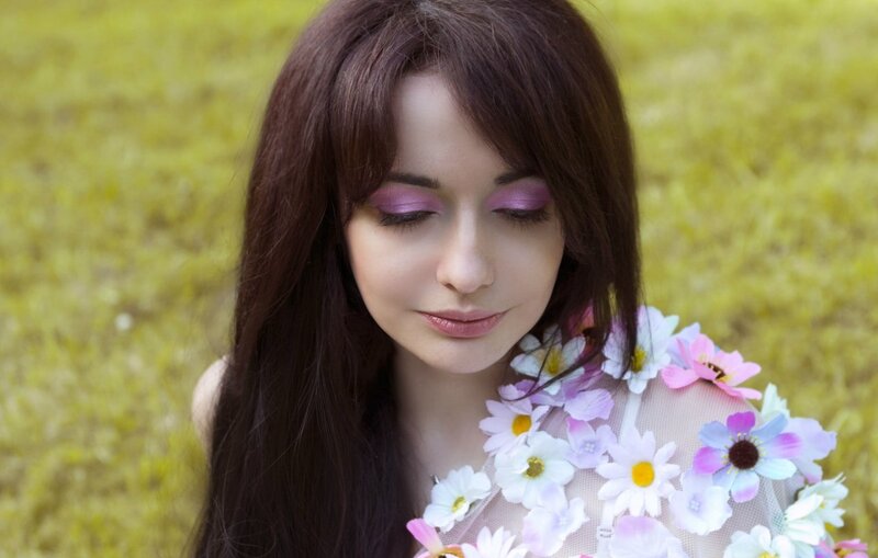 Woman with Flowers — Purple, Serene, Spring, Photograph, Makeup