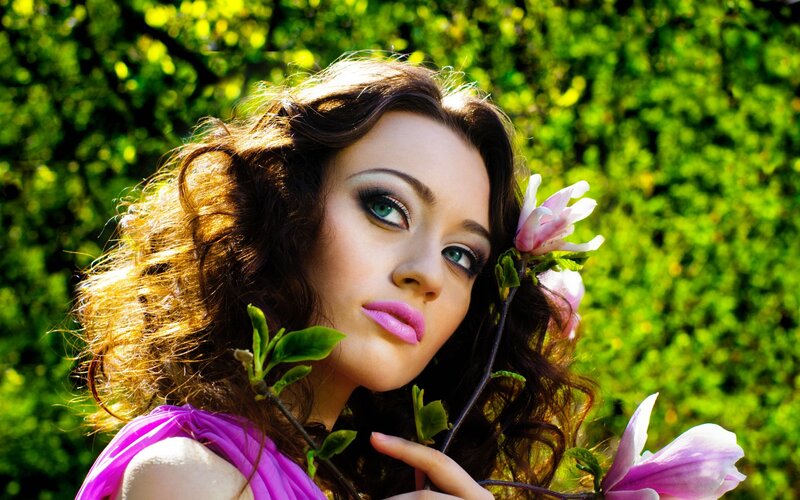 Woman with Flowers — Purple, Serene, Spring, Photograph