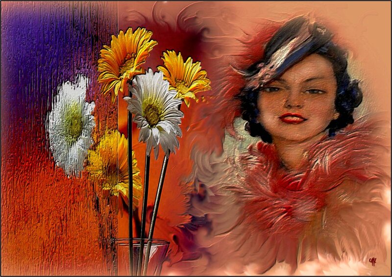Woman with Flowers — Red, Dramatic, Digital Art