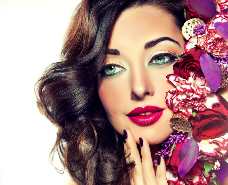 Woman with Flowers — Red, Dramatic, Photograph, Makeup