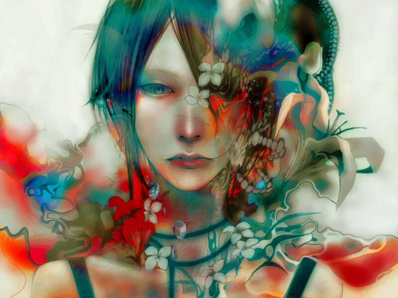 Woman with Flowers — Red, Dreamy, Digital Art, Skull