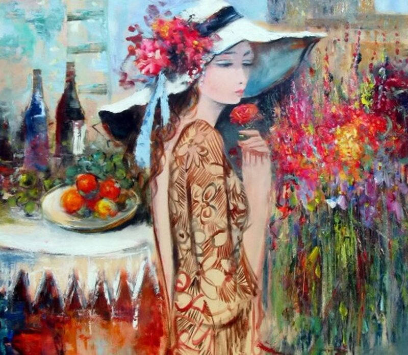 Woman with Flowers — Red, Serene, Afternoon, Painting