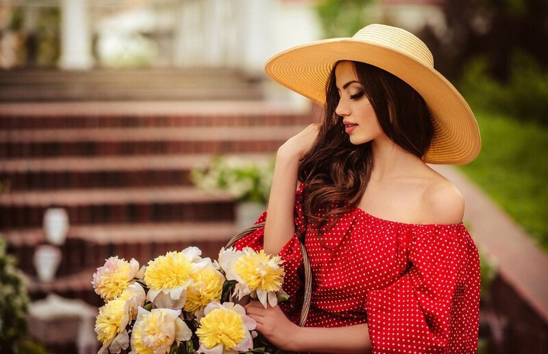 Woman with Flowers — Red, Serene, Afternoon, Photograph, Hat