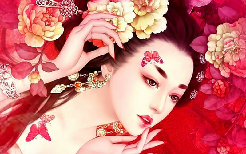 Woman with Flowers — Red, Serene, Digital Art, Butterfly