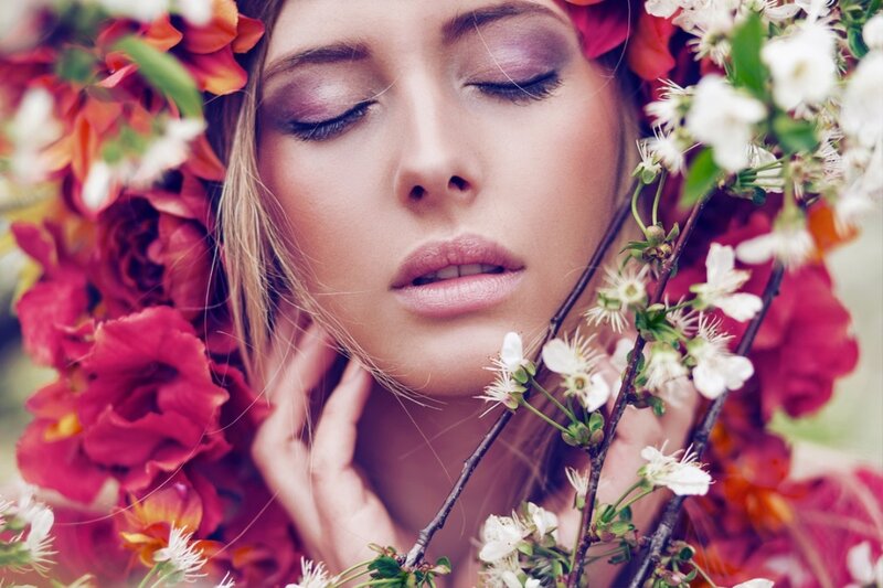 Woman with Flowers — Red, Serene, Spring