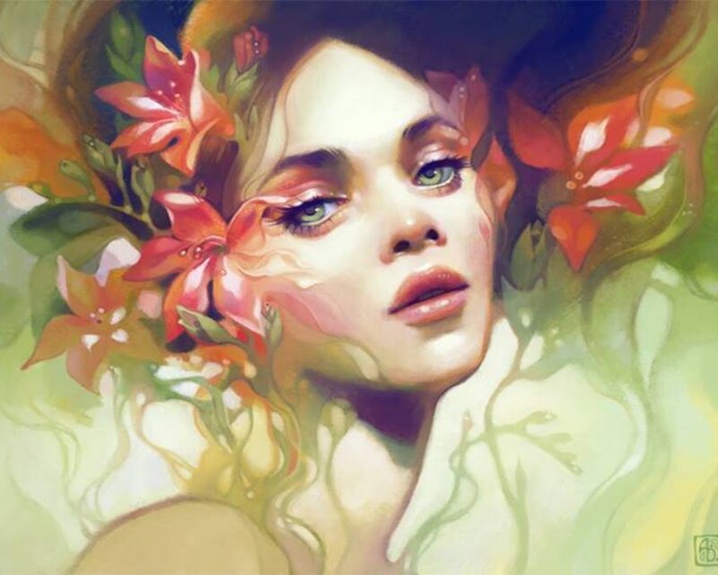 Woman with Flowers — Red, Serene