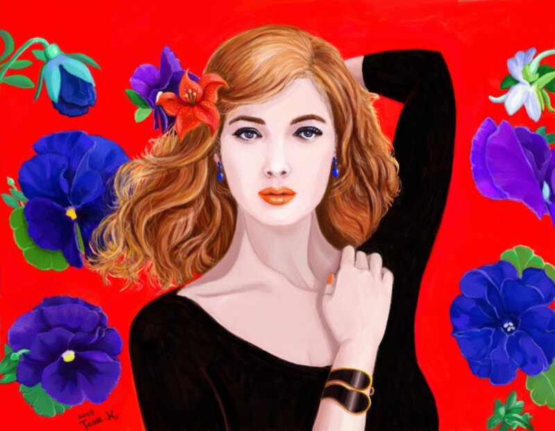 Woman with Flowers — Red, Vibrant
