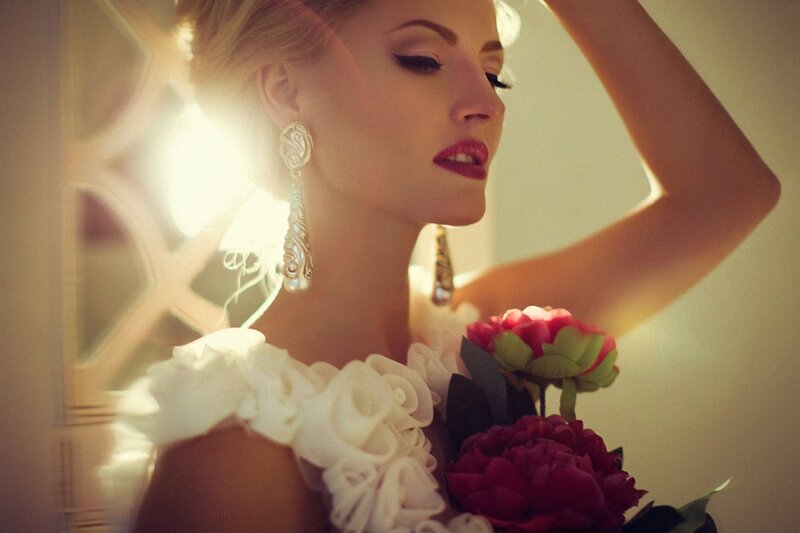 Woman with Flowers — White, Dramatic, Sunset, Photograph