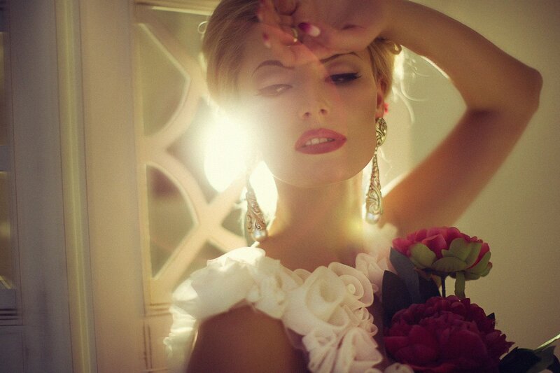 Woman with Flowers — White, Dramatic, Sunset