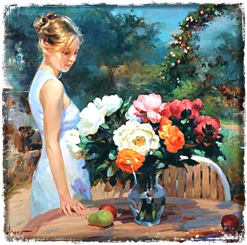 Woman with Flowers — White, Serene, Afternoon, Painting, Fruit, Table