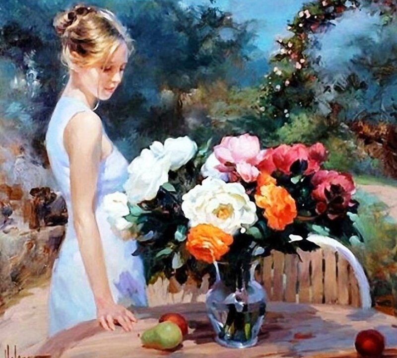 Woman with Flowers — White, Serene, Afternoon, Painting, Fruit