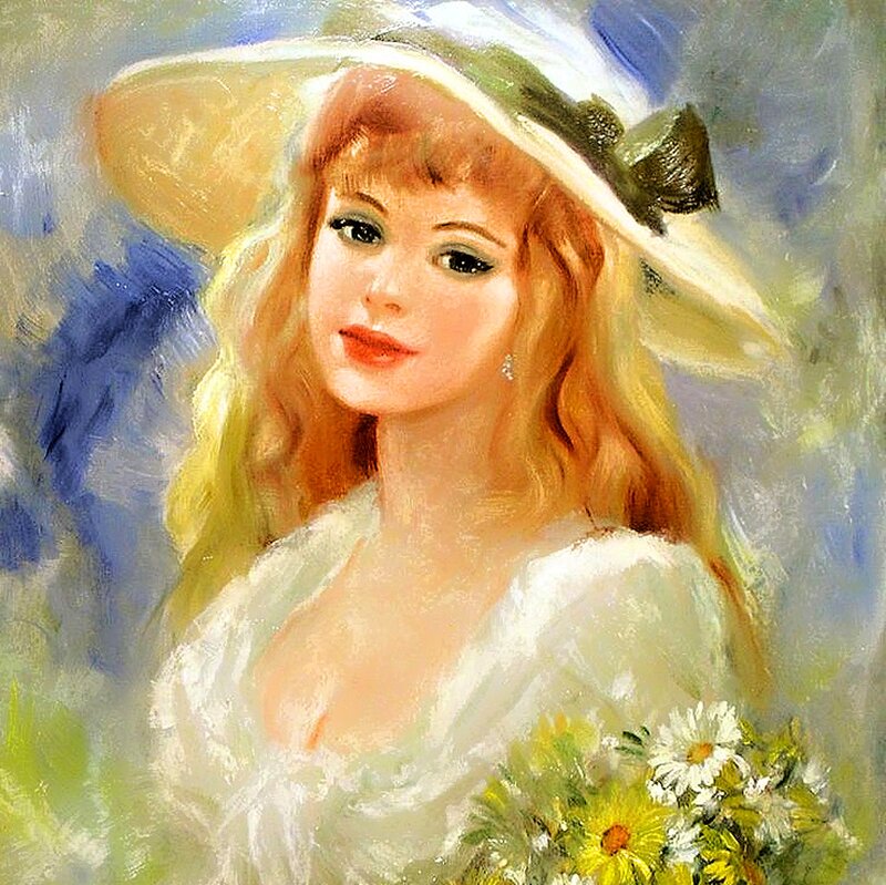 Woman with Flowers — White, Serene, Afternoon, Painting, Hat