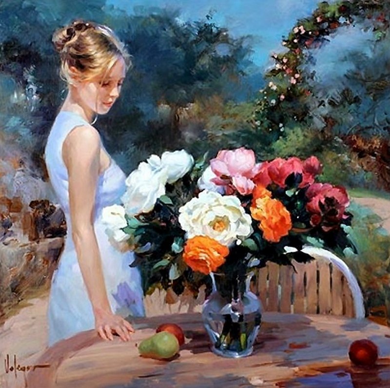 Woman with Flowers — White, Serene, Afternoon, Painting