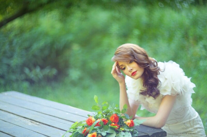 Woman with Flowers — White, Serene, Afternoon, Photograph, Bench