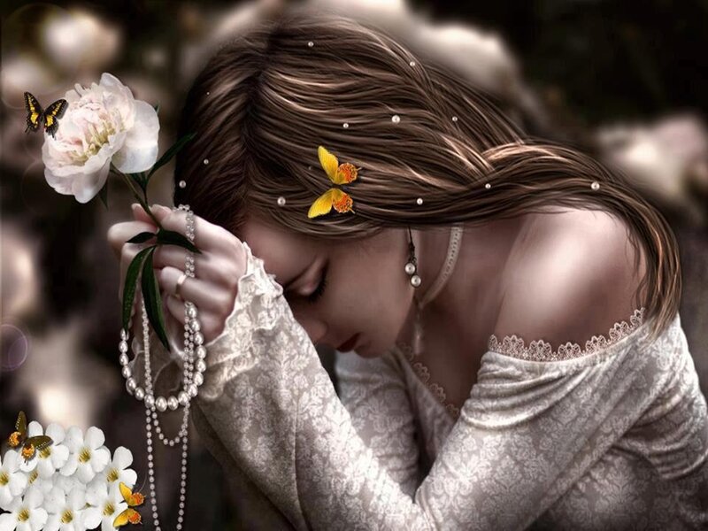 Woman with Flowers — White, Serene, Digital Art, Butterflies