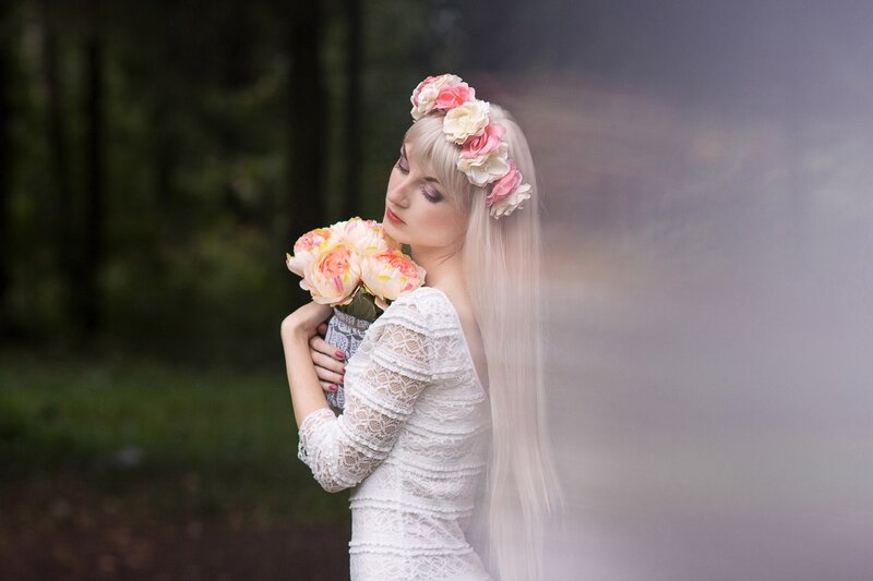 Woman with Flowers — White, Serene, Photograph, Crown