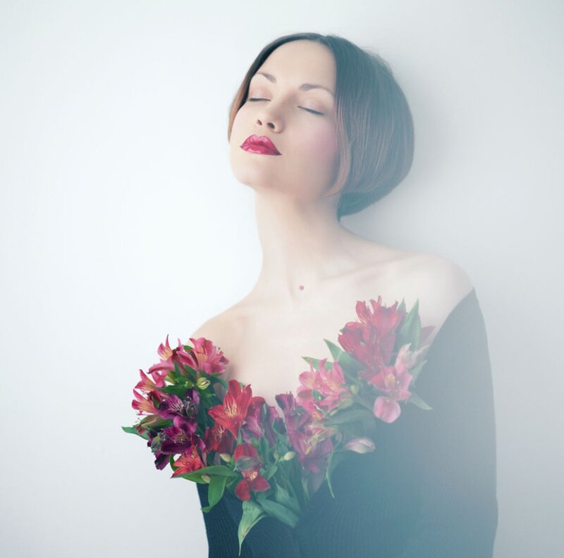 Woman with Flowers — White, Serene, Photograph, Red Lipstick