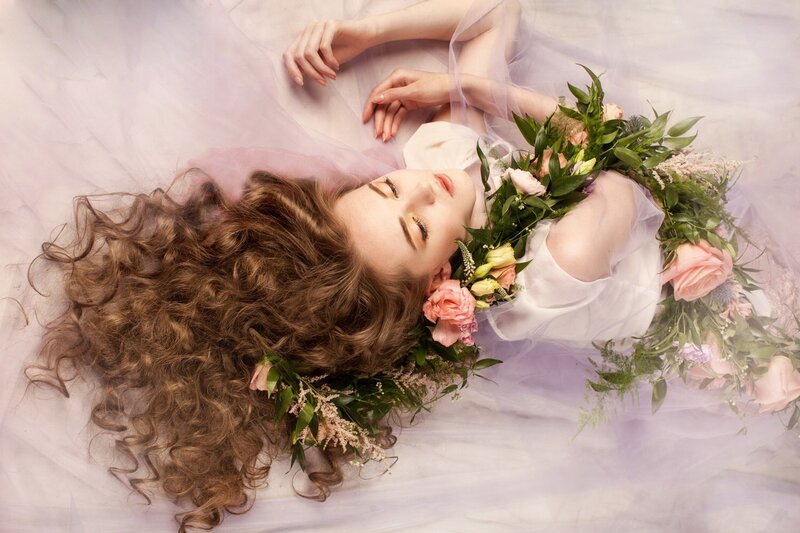 Woman with Flowers — White, Serene, Photograph, Tulle