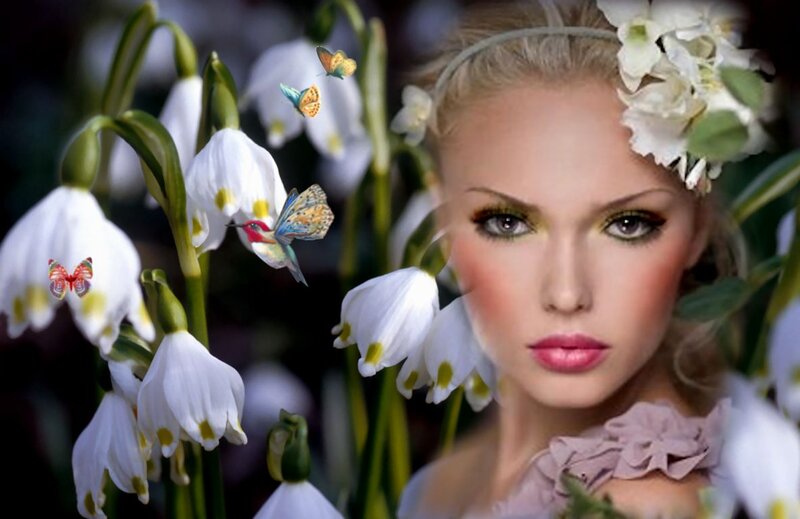 Woman with Flowers — White, Serene, Spring, Digital Art
