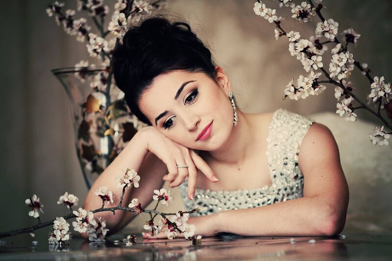 Woman with Flowers — White, Serene, Spring, Photograph, Dress