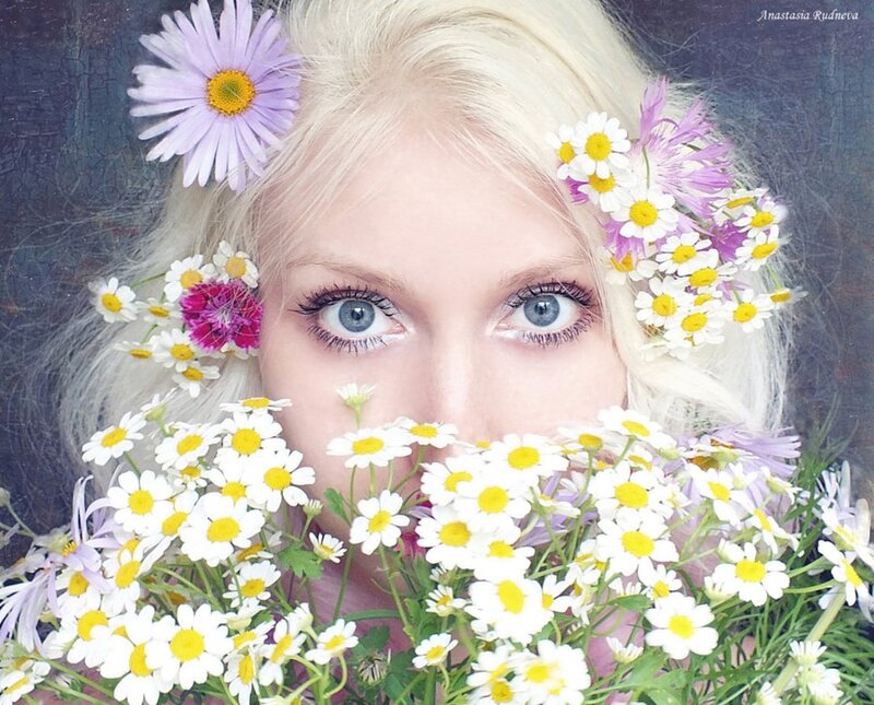 Woman with Flowers — White, Serene, Spring, Photograph, Eyes