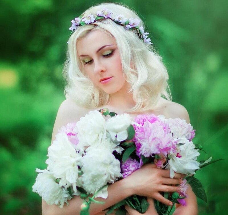 Woman with Flowers — White, Serene, Spring, Photograph, Flower Crown