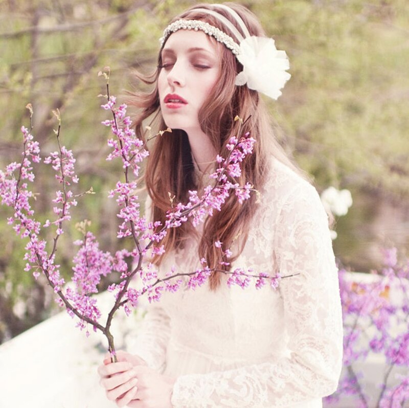 Woman with Flowers — White, Serene, Spring, Photograph, Headband