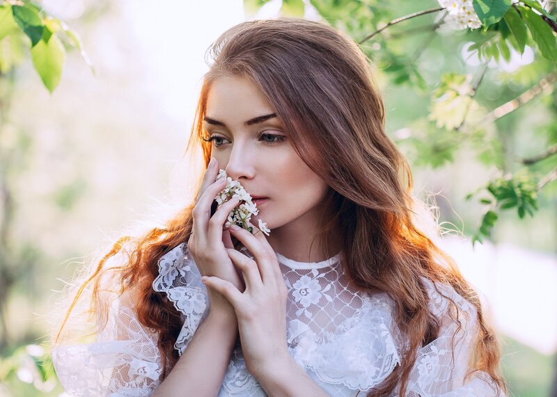 Woman with Flowers — White, Serene, Spring, Photograph, Leaves, Lace Dress