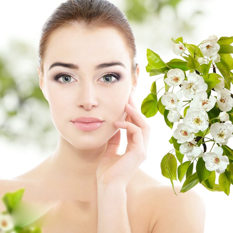 Woman with Flowers — White, Serene, Spring, Photograph, Leaves