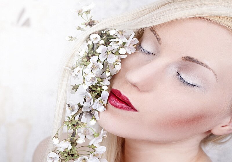 Woman with Flowers — White, Serene, Spring