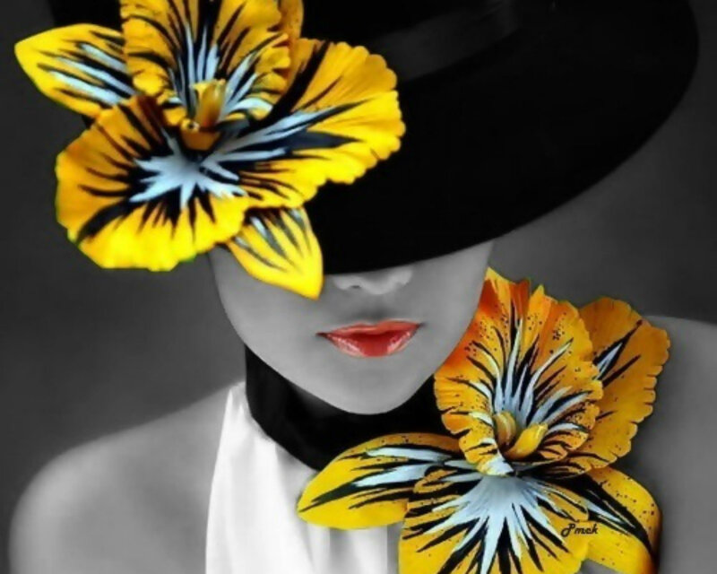 Woman with Flowers — Yellow, Dramatic, Digital Art