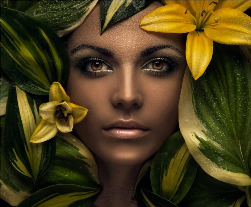 Woman with Flowers — Yellow, Dramatic, Photograph