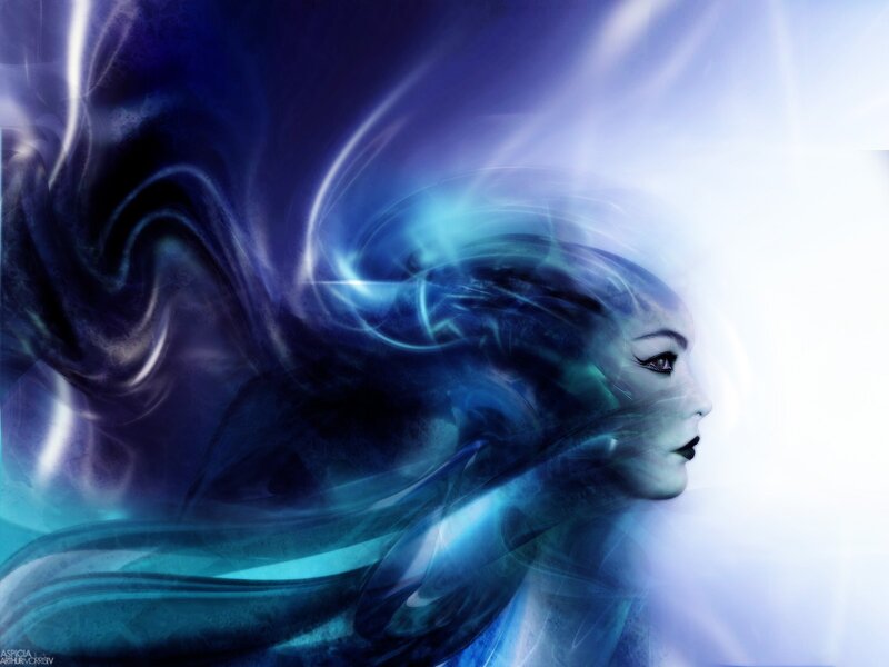 woman with flowing blue hair