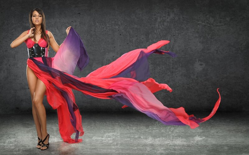 woman with flowing fabric