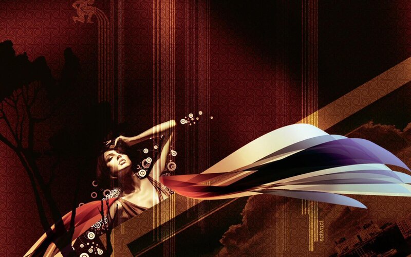 woman with flowing fabric art