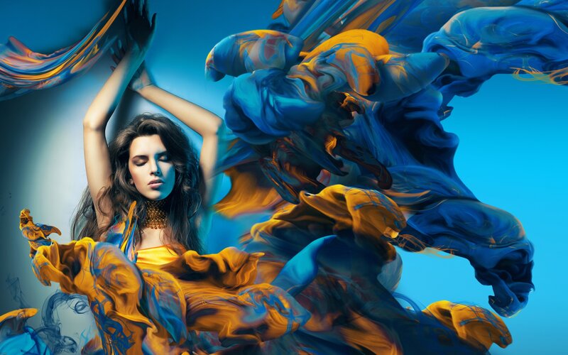Woman with Flowing Fabric — Blue, Dramatic