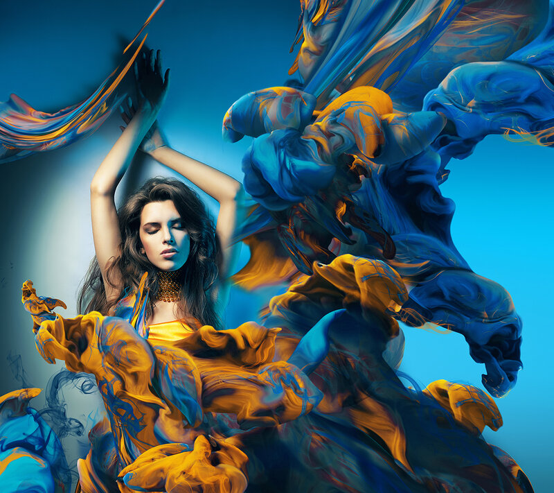 Woman with Flowing Fabric — Blue