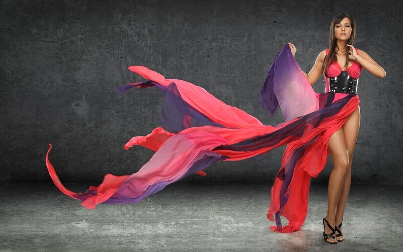Woman with Flowing Fabric — Red, Dramatic, Photograph, Corset