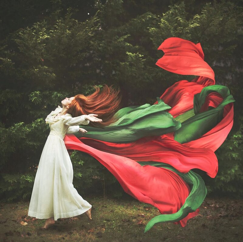 Woman with Flowing Fabric — Red, Dramatic, Photograph, Red Hair