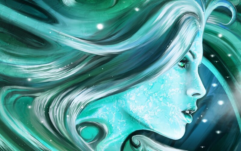 woman with flowing green hair