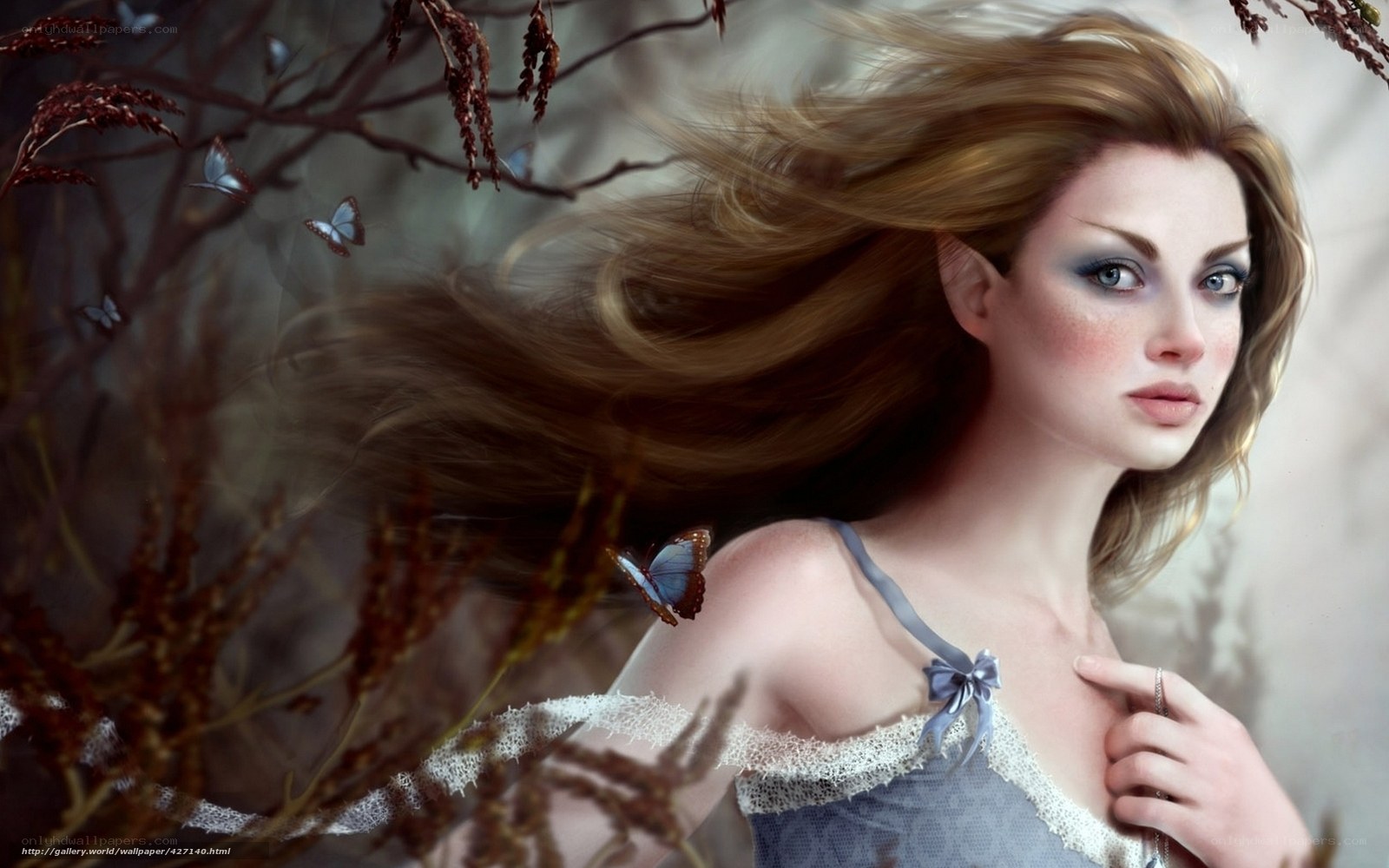 woman with flowing hair and butterflies