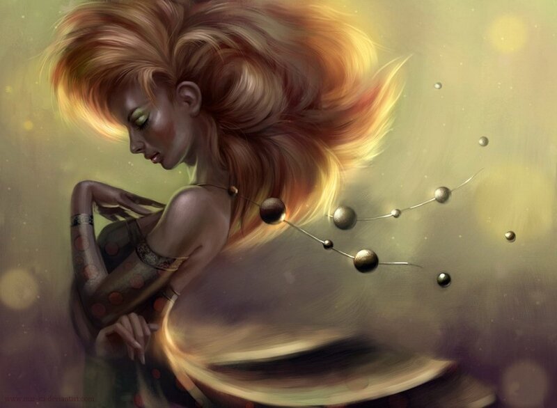 woman with flowing hair and celestial beads