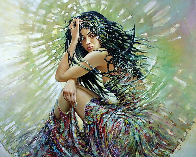 woman with flowing hair and dress