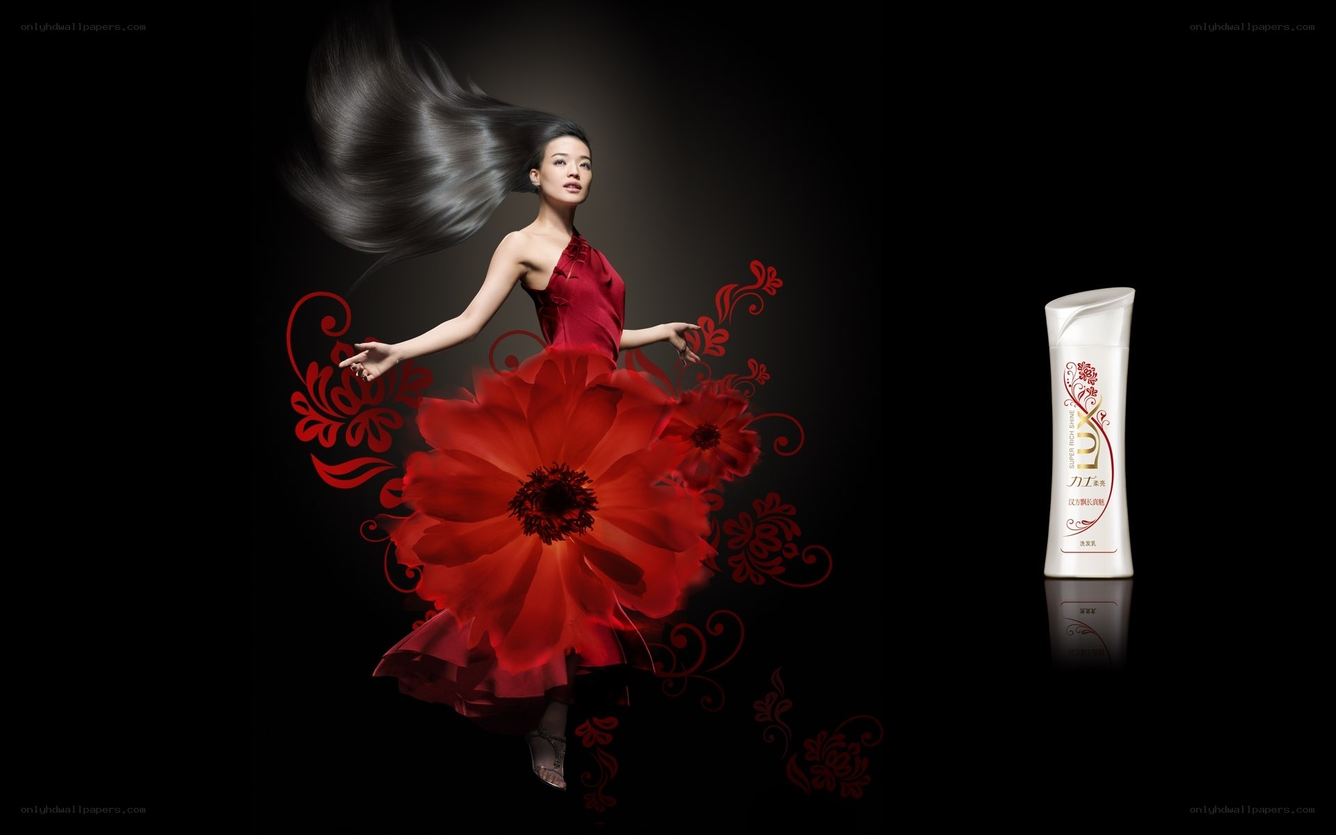 woman with flowing hair and flower