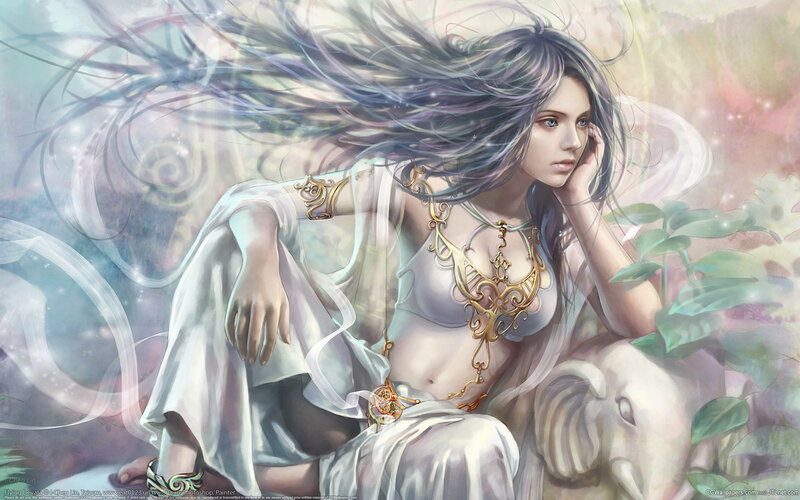 woman with flowing hair and golden jewelry