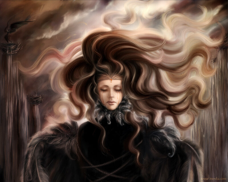 Woman with flowing hair and tears