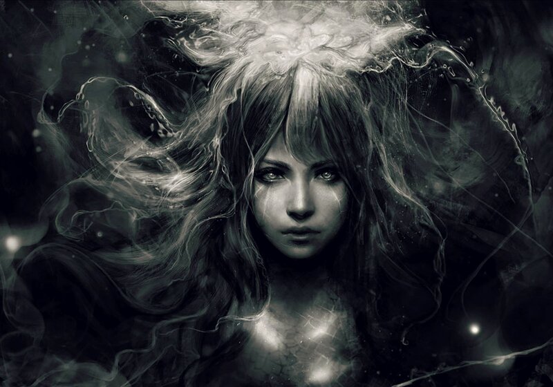 Woman with Flowing Hair — Black, Dramatic, Digital Art, Eyes, Smoke
