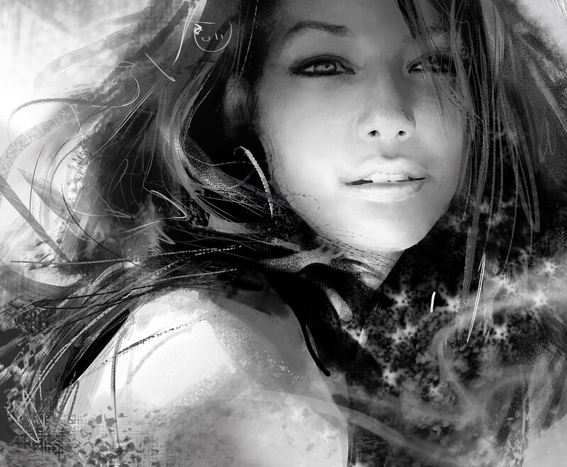 Woman with Flowing Hair — Black, Dramatic, Digital Art, Eyes
