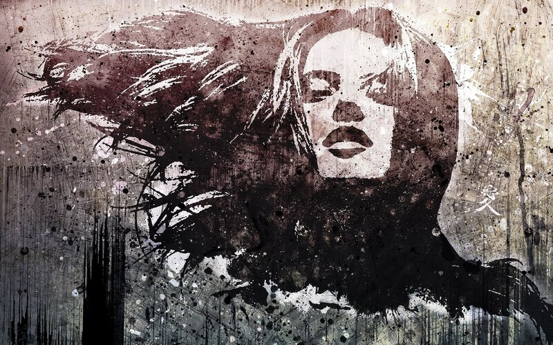 Woman with Flowing Hair — Black, Dramatic, Digital Art, Splatters, Graffiti, White
