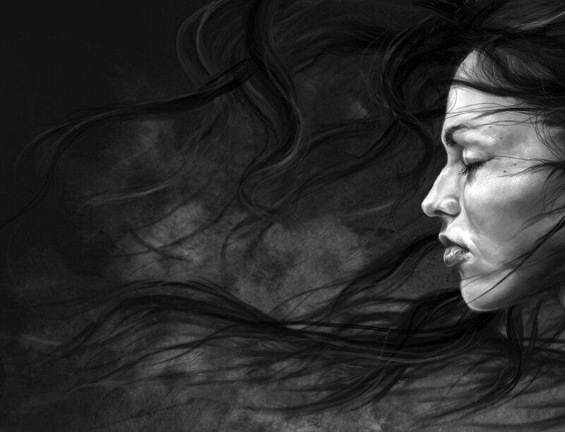 Woman with Flowing Hair — Black, Dramatic, Digital Art
